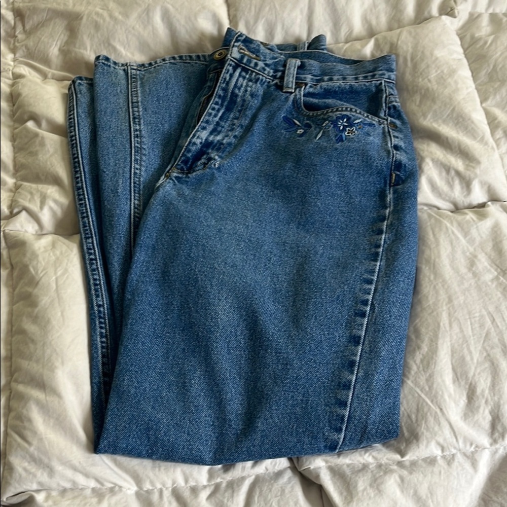High Waisted Floral Embroidered Denim Jeans